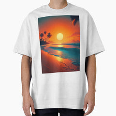 Sunrise on a tropical beach with palm trees with neon waves Oversized T-Shirt
