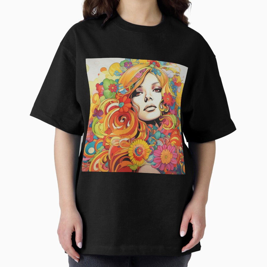 Psychedelic 1970s Woman Flower Power Oversized T-Shirt