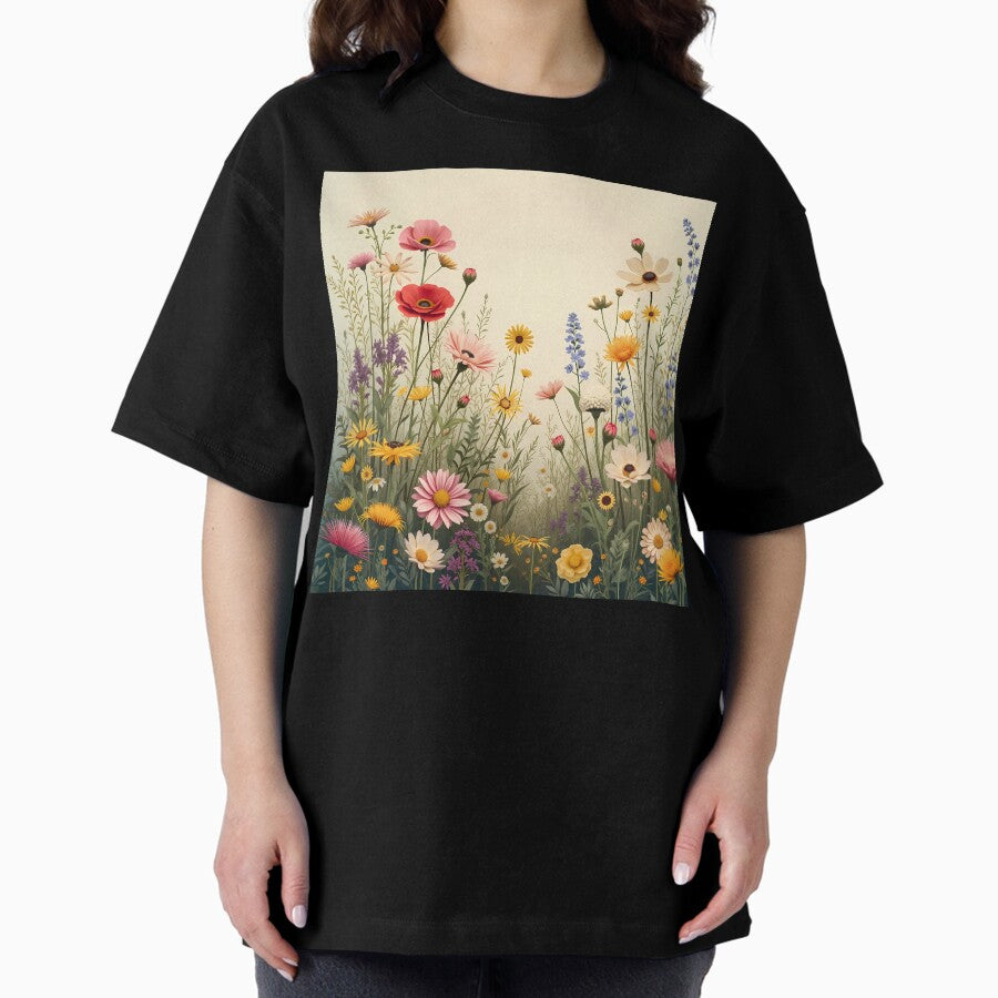 Vintage Wildflower Garden Aesthetic – Retro Floral Art with Spring Meadow Vibes, Colorful Botanical Nature Illustration Oversized T-Shirt