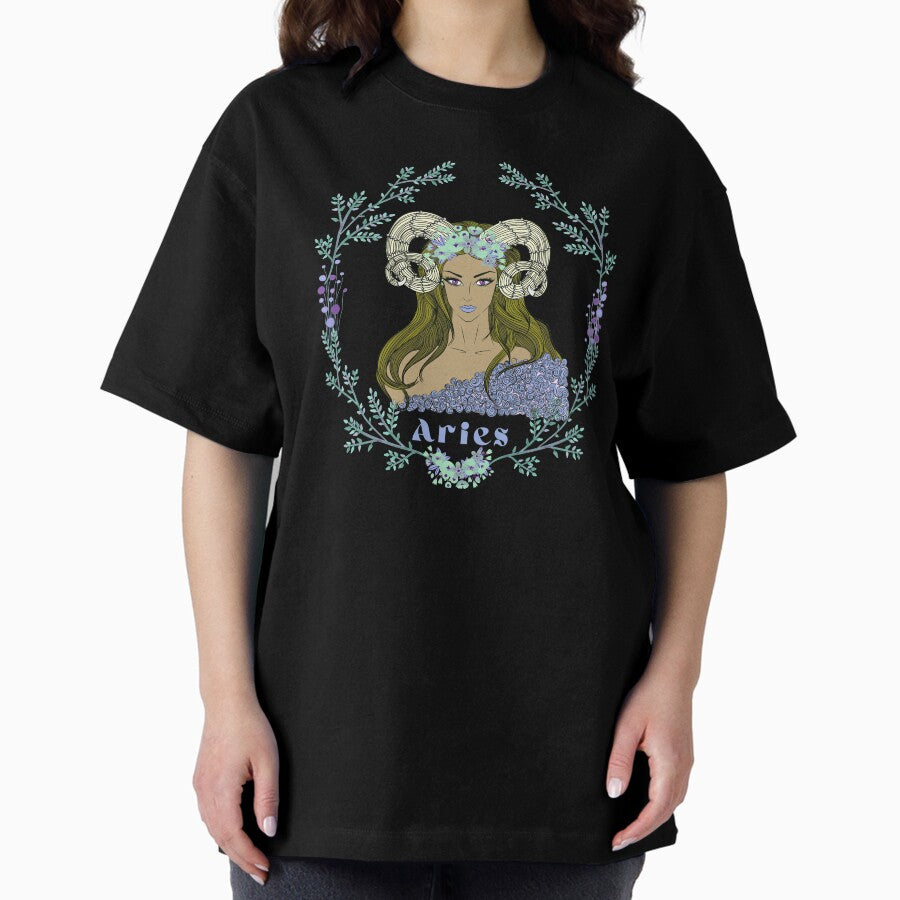 Aries Woman In Wreath With Horned Head Dress Astrologicalzodiac Design Blue Purple Version Oversized T Shirt