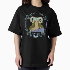 Aries Woman In Wreath With Horned Head Dress Astrologicalzodiac Design Blue Purple Version Oversized T Shirt