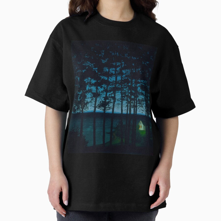 Fisherman's Cottage, Lakeside blue twilight modern art masterpiece painting by Harald Sohlberg Oversized T-Shirt