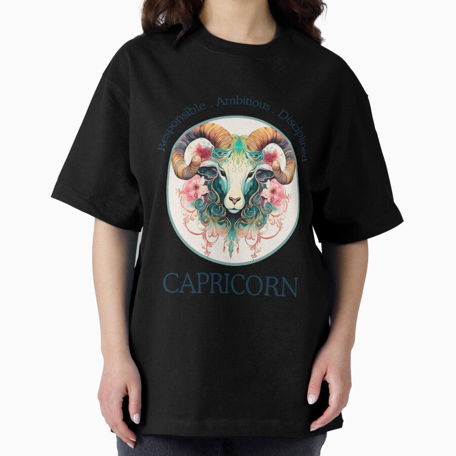 Vintage colorful Capricorn Zodiac- Retro Capricorn zodiac sign from Zodiac Chart on whitebackground Oversized T-Shirt