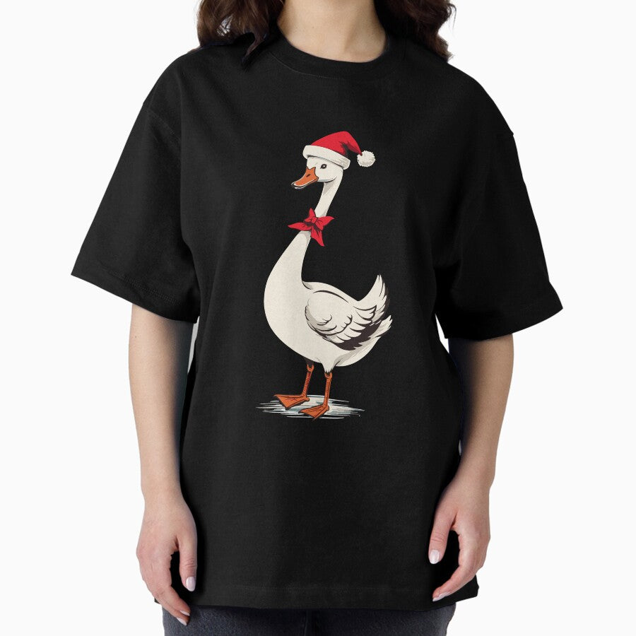 Festive Goose With Santa Hat Oversized T Shirt