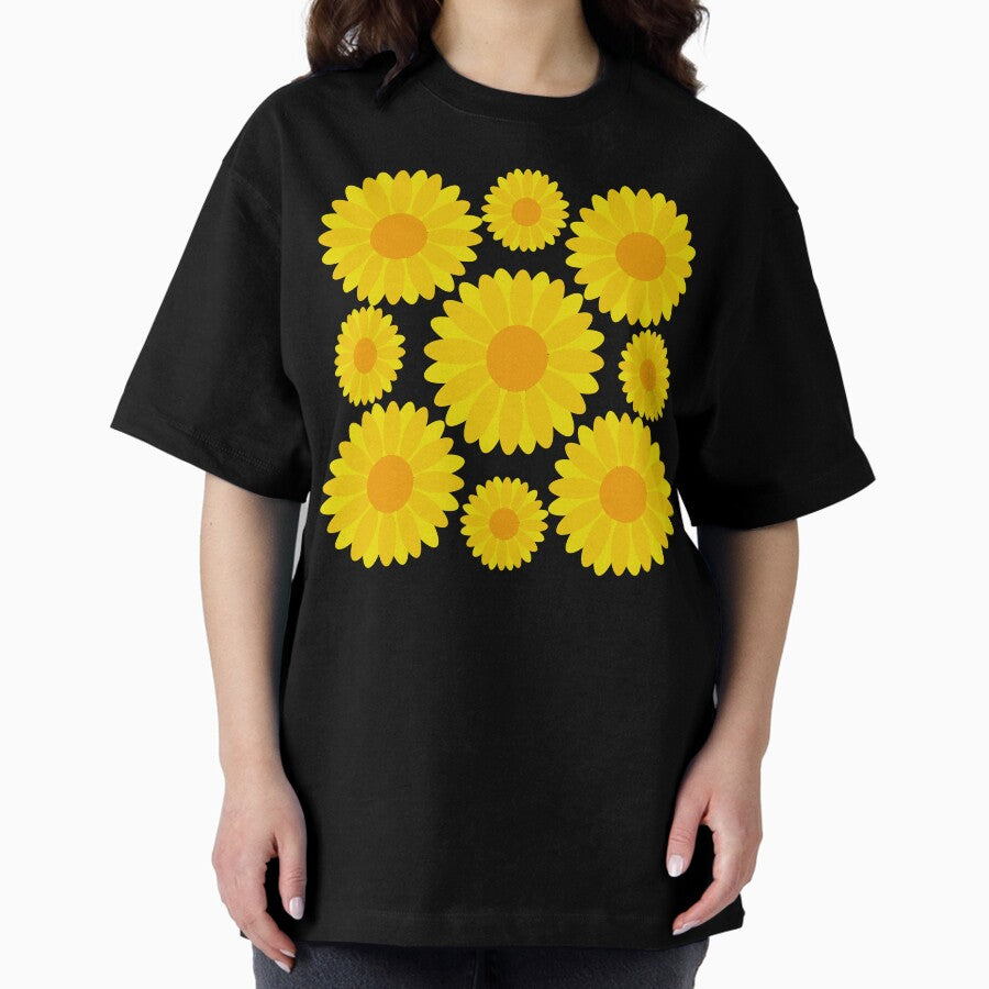 Bold Orange and Yellow Flowers on Blue Background Oversized T-Shirt