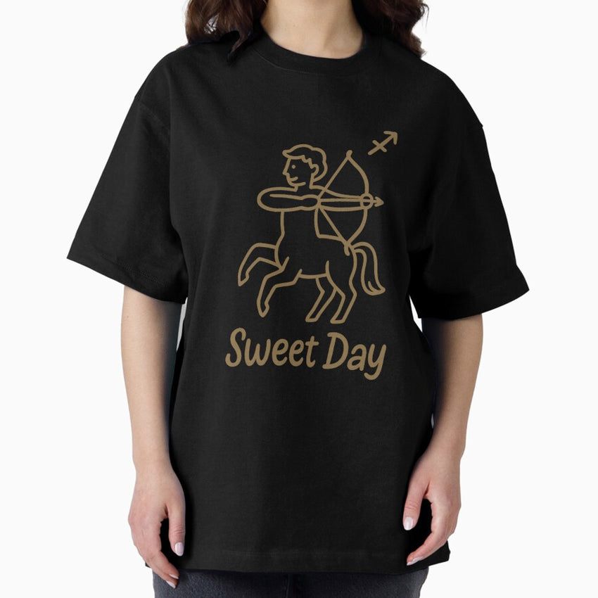 Sagittarius Zodiac Sign - Minimalist Line Art with Sweet Day Message Oversized T-Shirt