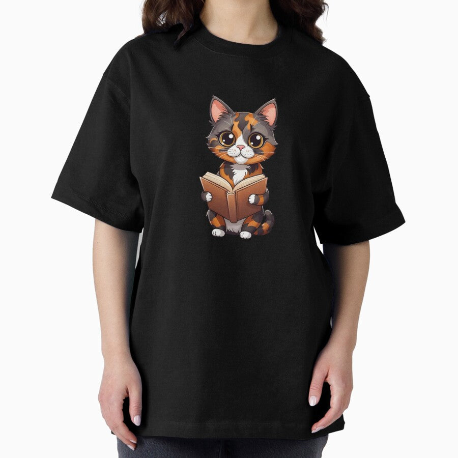 Cool cat mom tortie reading book Oversized T-Shirt
