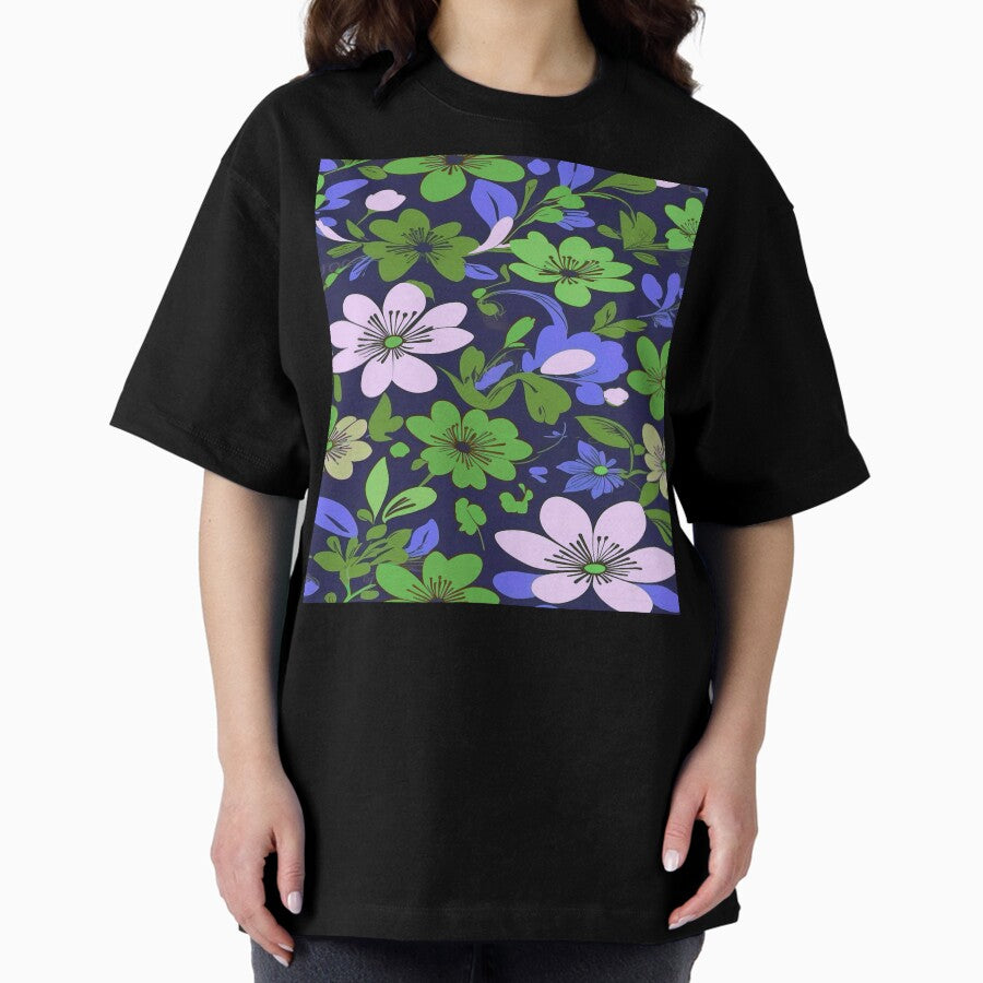 60S Flower Pattern Green And Blue Oversized T Shirt