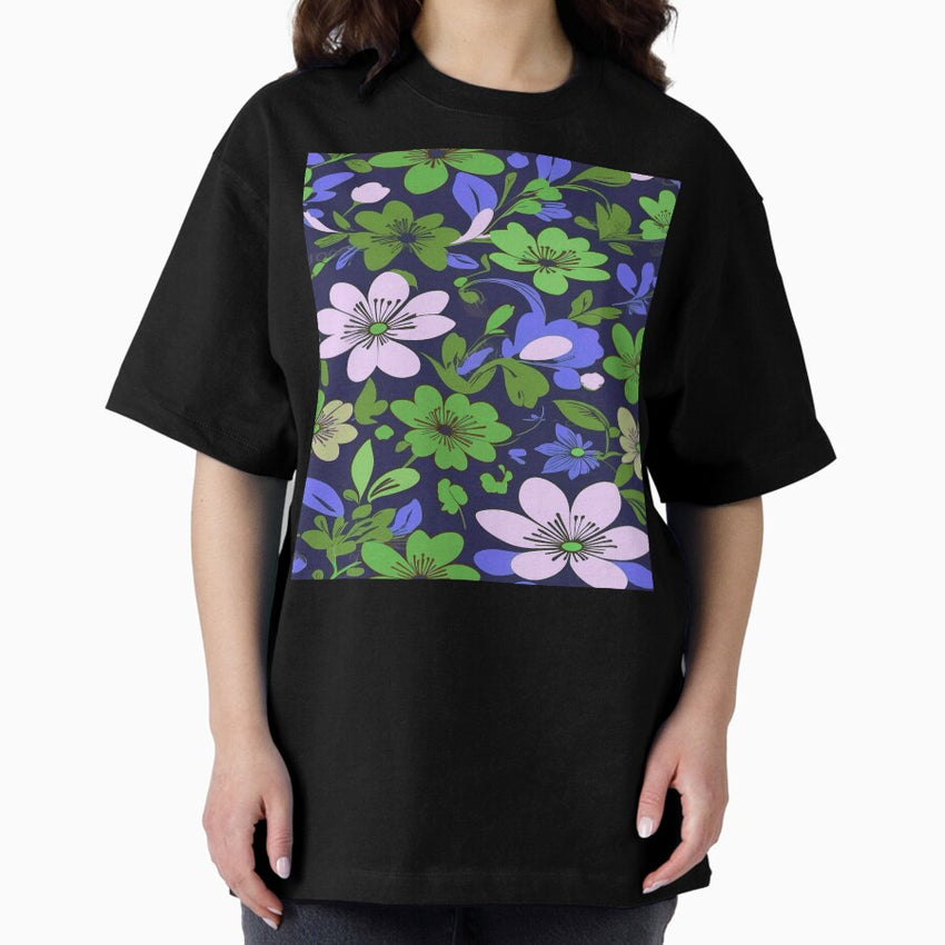 60S Flower Pattern Green And Blue Oversized T Shirt