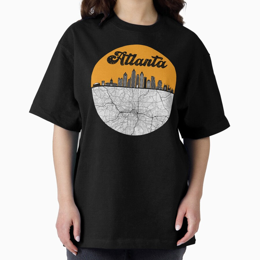 Atlanta City Skyline With Map Vintage Oversized T-Shirt