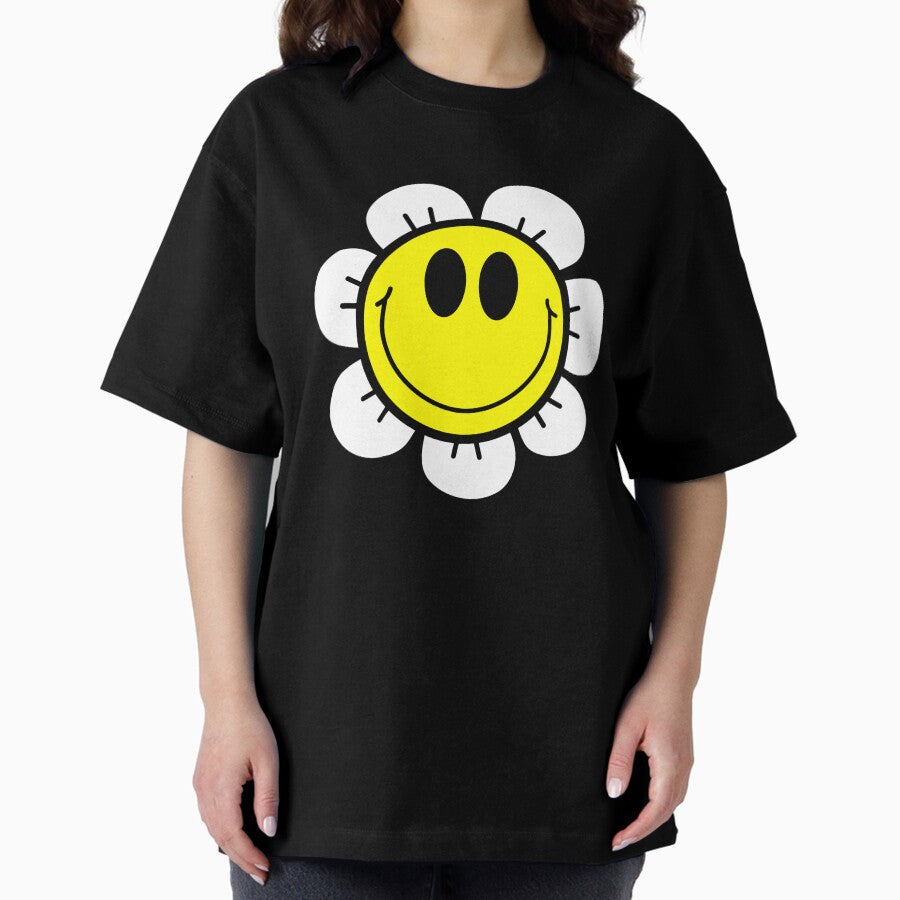 Retro Smiley Face Flower Yellow and White Oversized T-Shirt