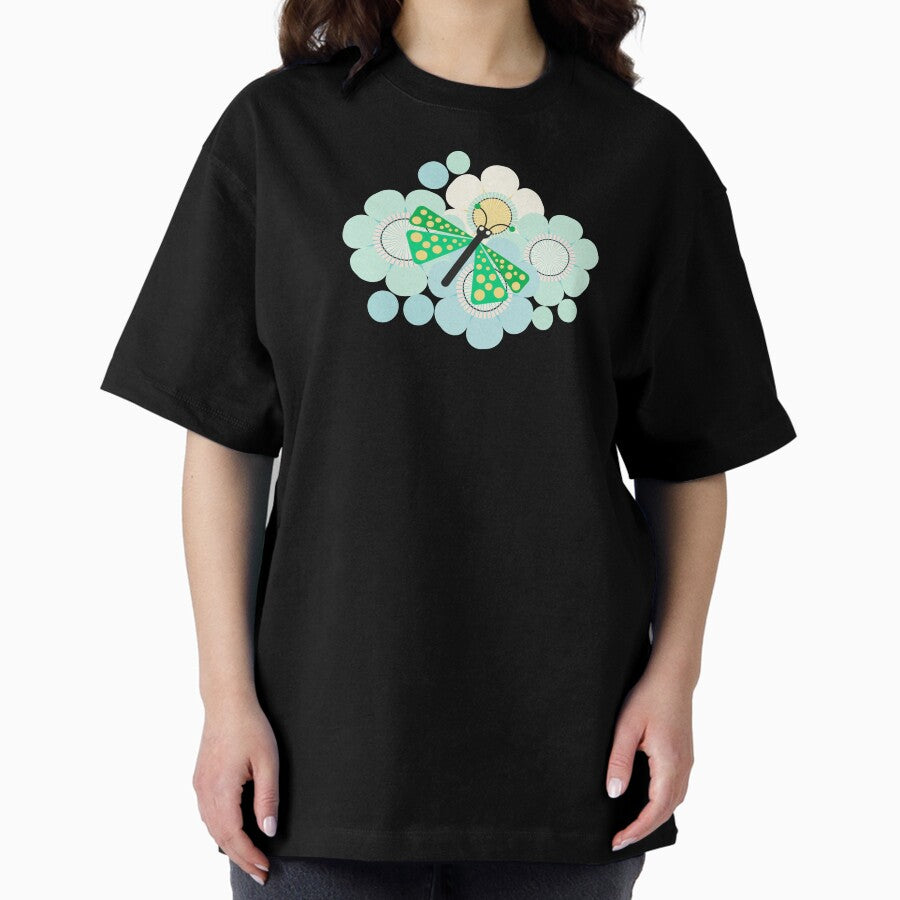 Green and yellow butterflies with flowers Oversized T-Shirt
