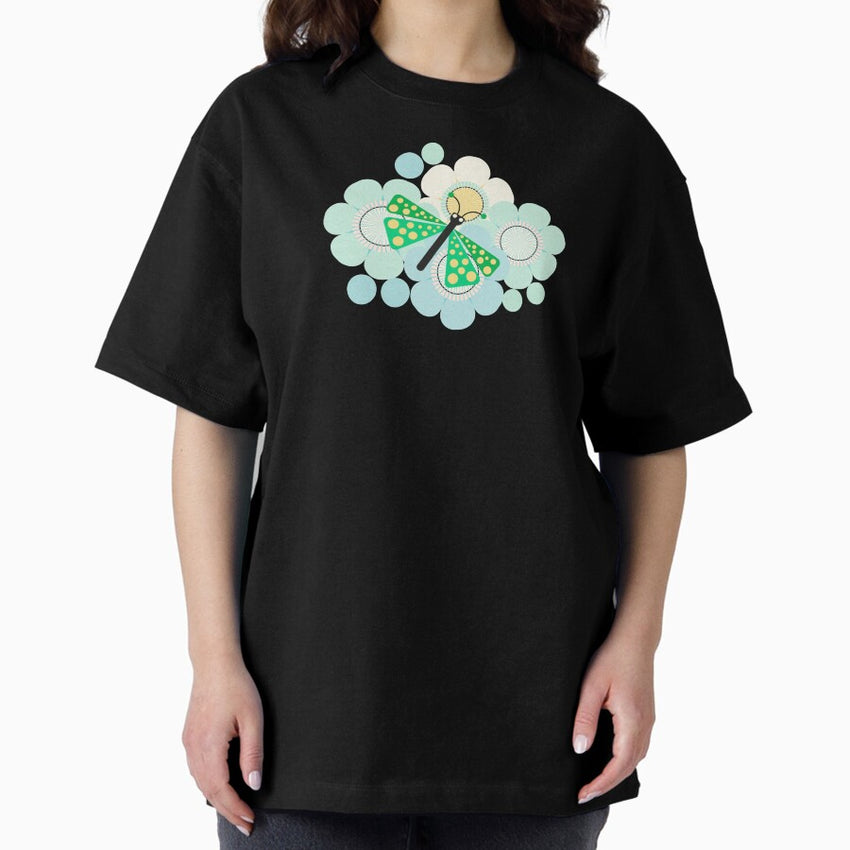 Green and yellow butterflies with flowers Oversized T-Shirt