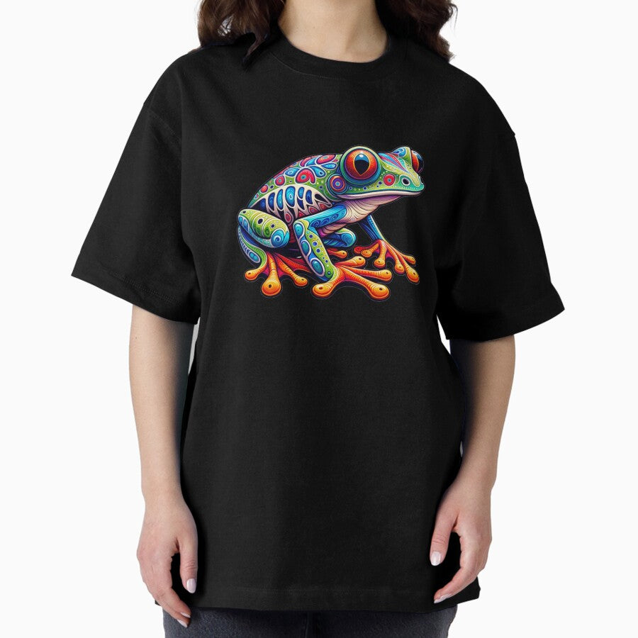 Alebrije Style Vividly Colored Tree Frog With Intricate Patterns And Surreal Features Oversized T Shirt