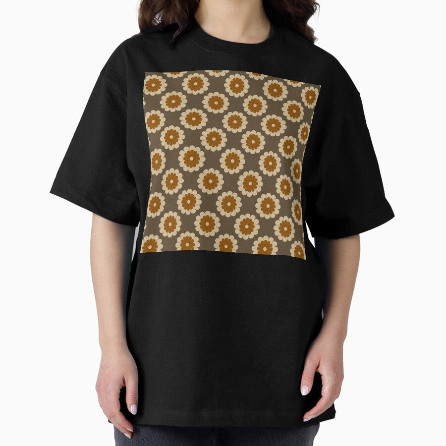 Retro Brown Flower Seamless Pattern Oversized T-Shirt