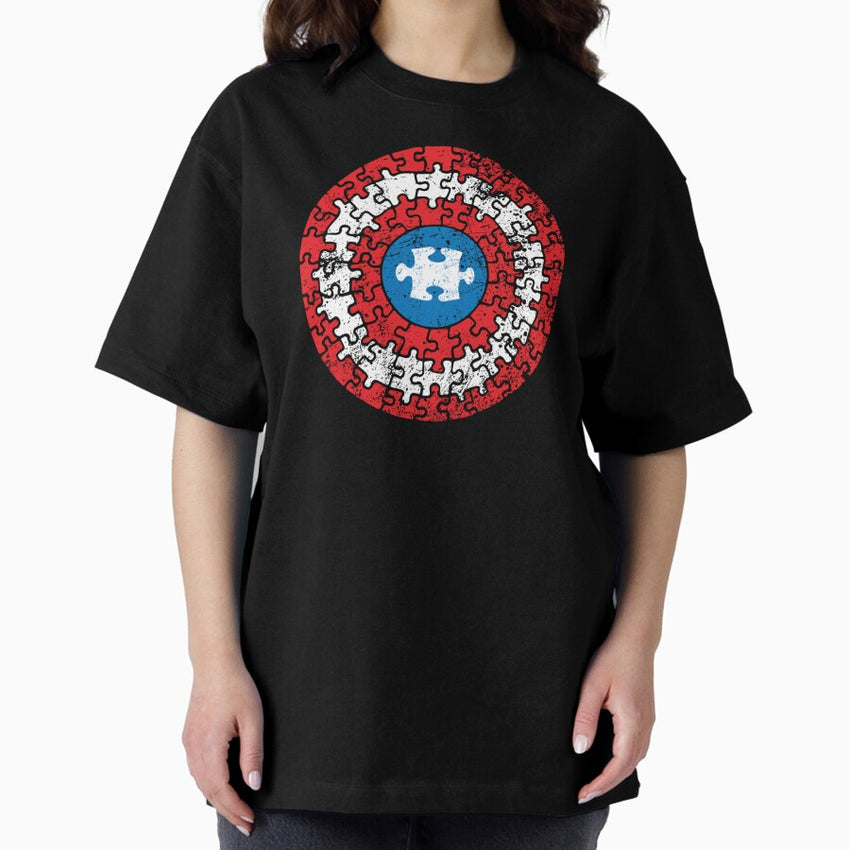 Autism Awareness Puzzle Superhero Shield Oversized T-Shirt