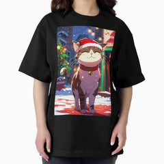 A Happy Cat on Christmas Night Oversized T-Shirt