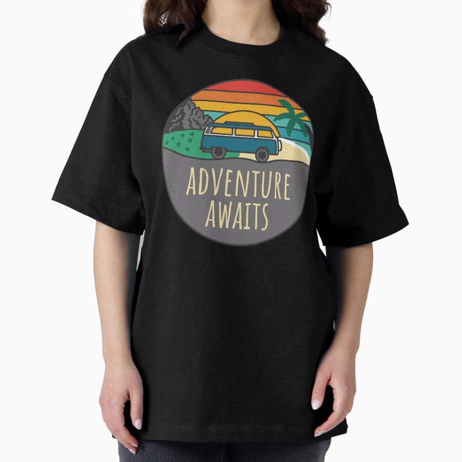 Adventure Awaits Camper Van Landscape Retro Illustration Oversized T Shirt