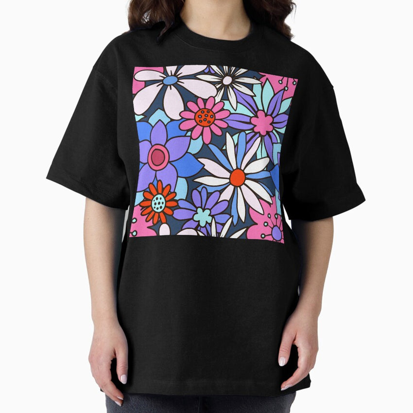 Retro 1960s Hippie Blue, Lilac, Pink Flower Pattern Oversized T-Shirt
