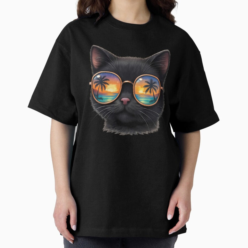 Kawaii Cat Wear Sunglasses Funny Summer Vacation Oversized T-Shirt