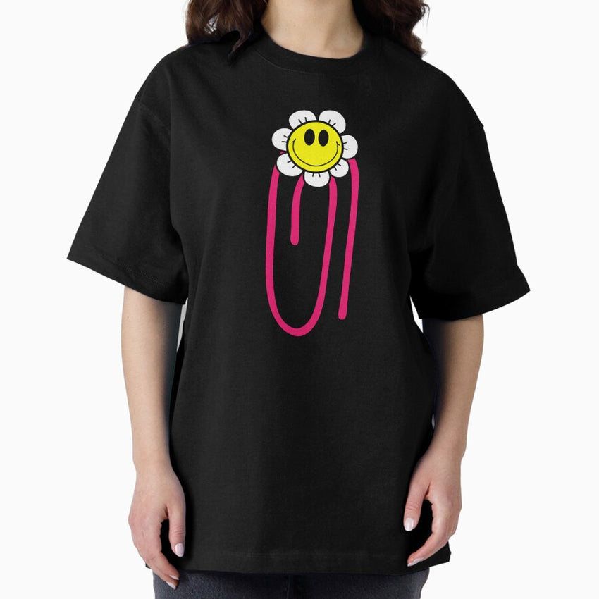 Retro Smiling Flower Paper Clip Design Pink, yellow and white Oversized T-Shirt