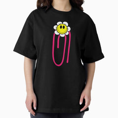 Retro Smiling Flower Paper Clip Design Pink, yellow and white Oversized T-Shirt