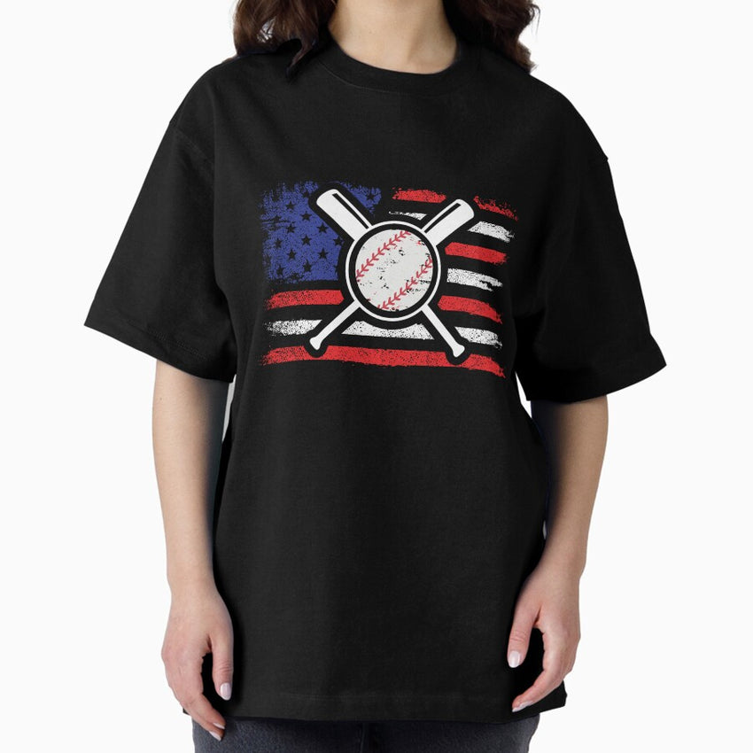 American Flag Baseball and Bats Design Oversized T-Shirt