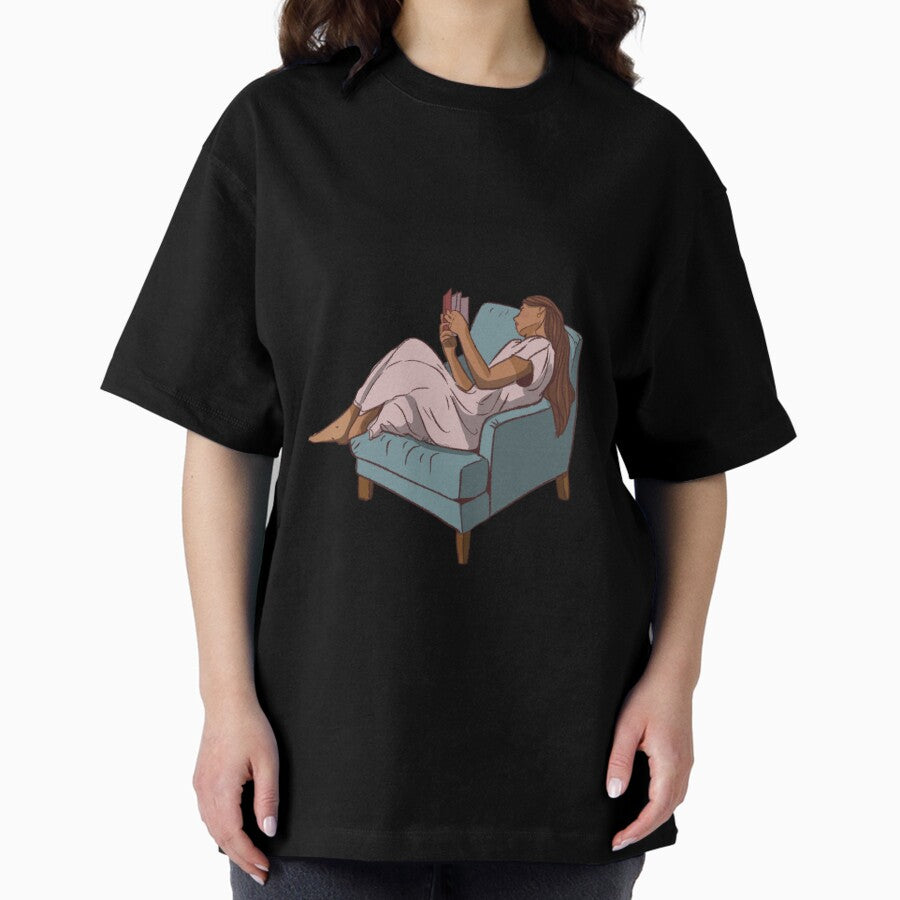 A Woman Reading A Book On The Blue Couch Oversized T Shirt