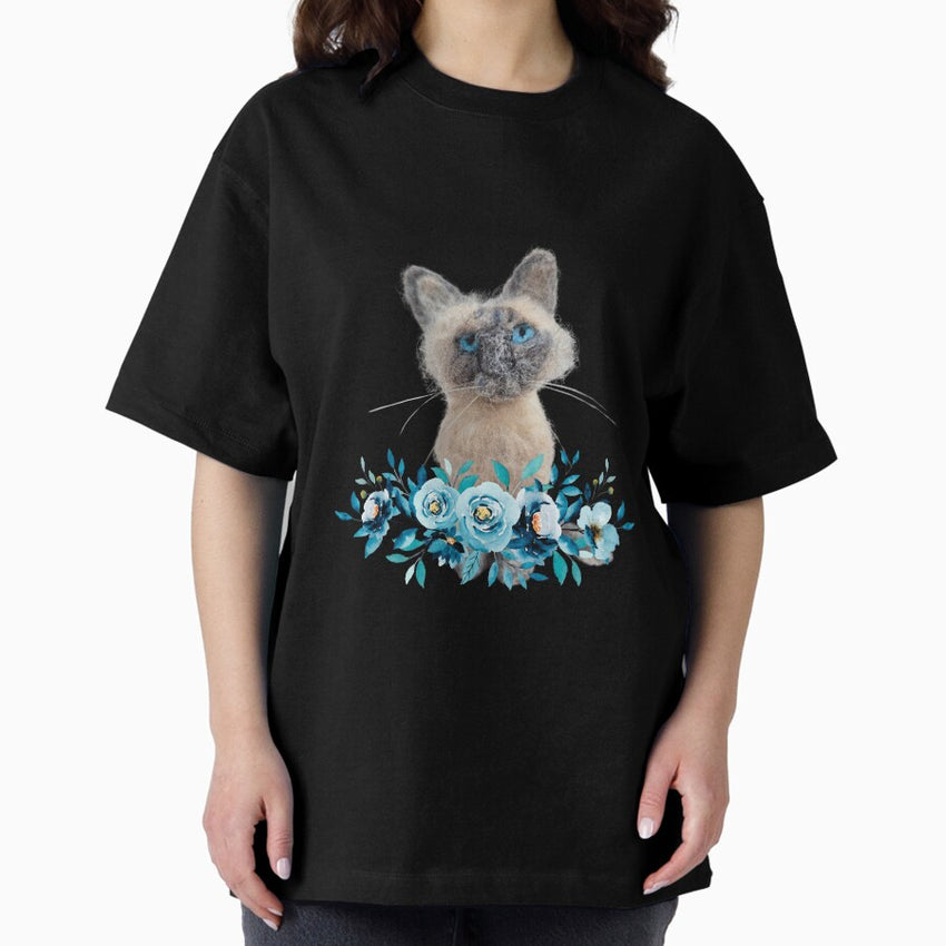 Siamese cat Mom blue floral Oversized T-Shirt