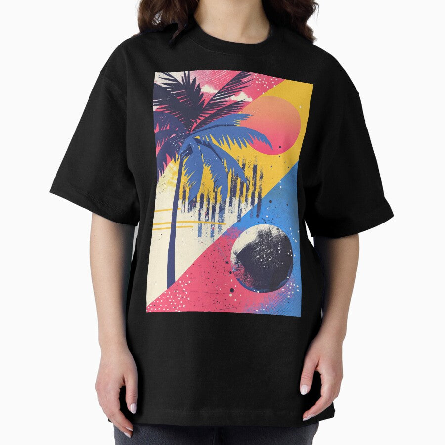 80S Style Poster Palm Trees Sun Water Oversized T Shirt