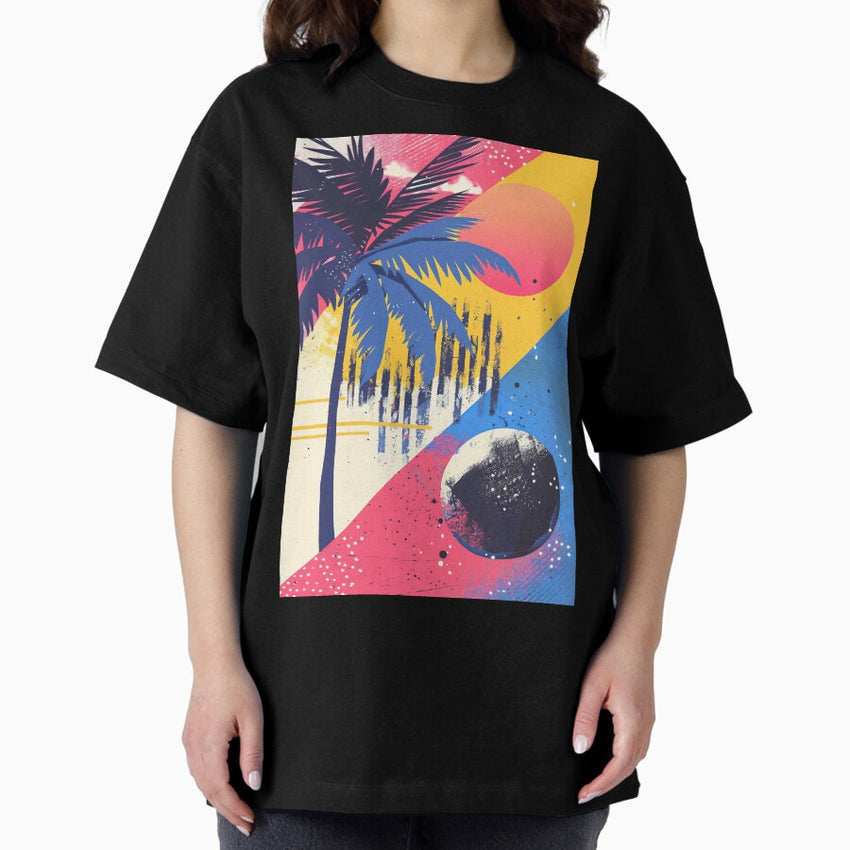 80S Style Poster Palm Trees Sun Water Oversized T Shirt