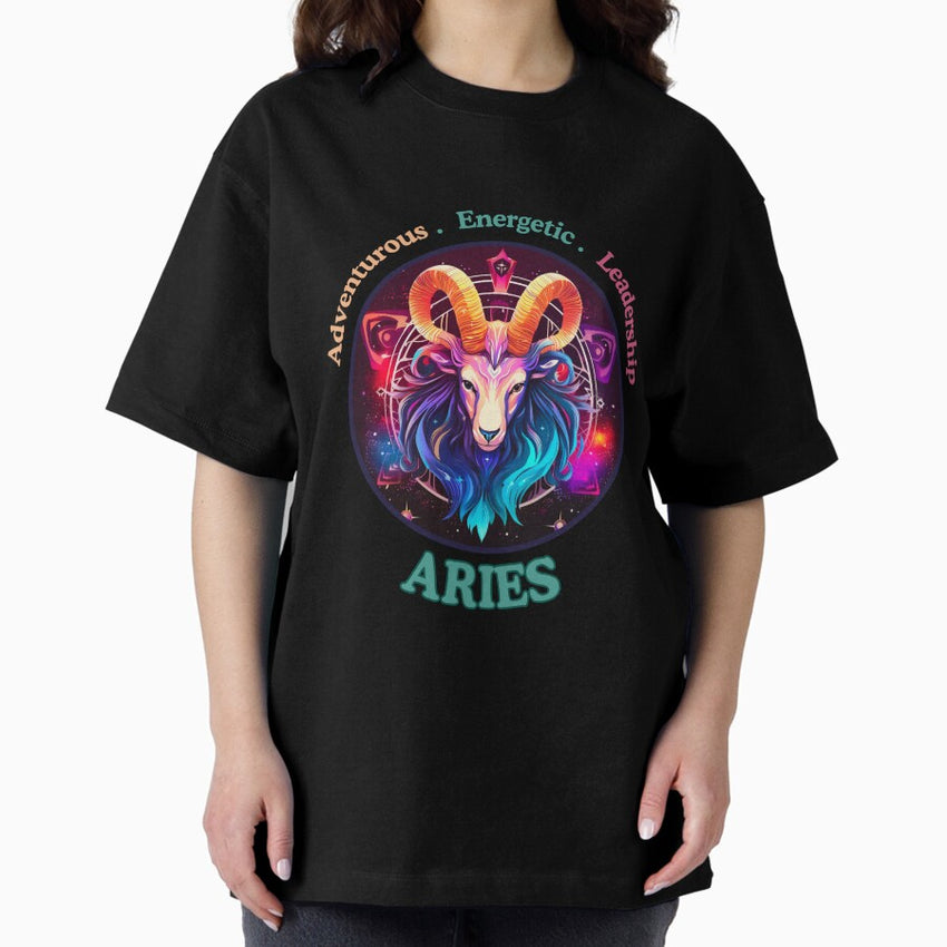 Vibrant Aries zodiac- Horescope/SunSign Theme on black back ground Oversized T-Shirt