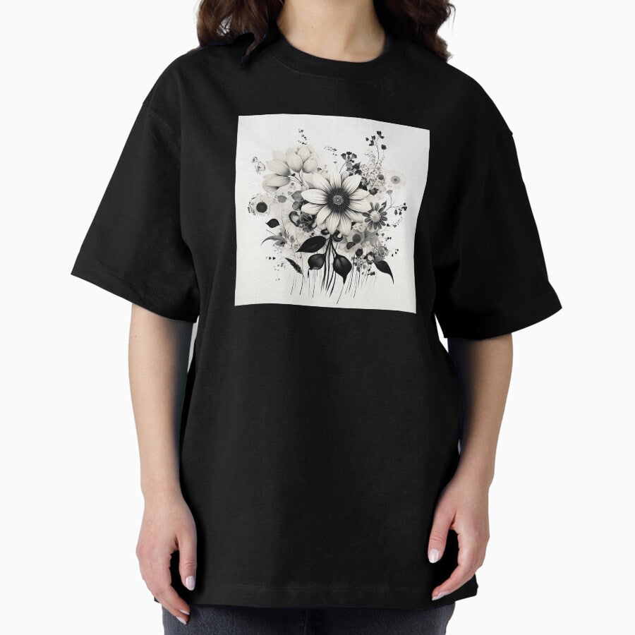 Black and White Retro Flower Art 6 Oversized T-Shirt