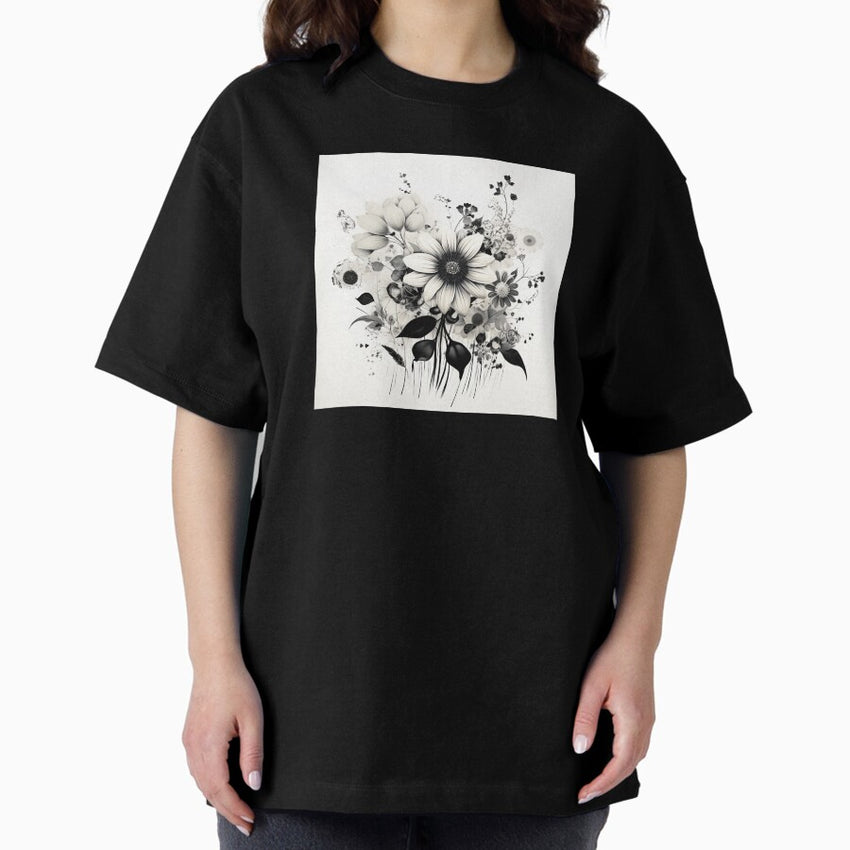 Black and White Retro Flower Art 6 Oversized T-Shirt