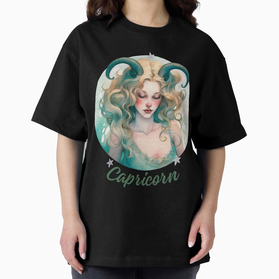 Colorful beautiful Capricorn Zodiac in a Circle- Retro Capricorn zodiac sign from Zodiac Chart on blue background Oversized T-Shirt
