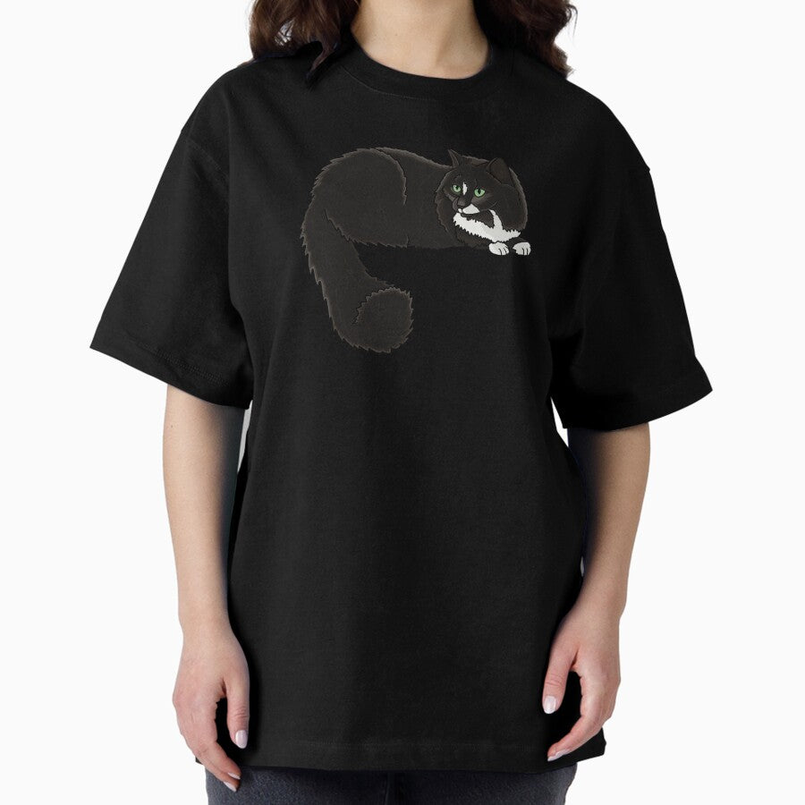 Fluffy Black Tuxedo Cat - Smoke Gray Oversized T-Shirt