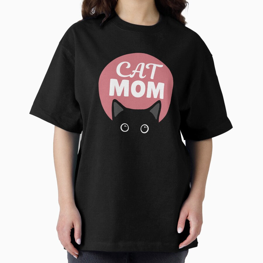 Cat Mom White Text Oversized T-Shirt