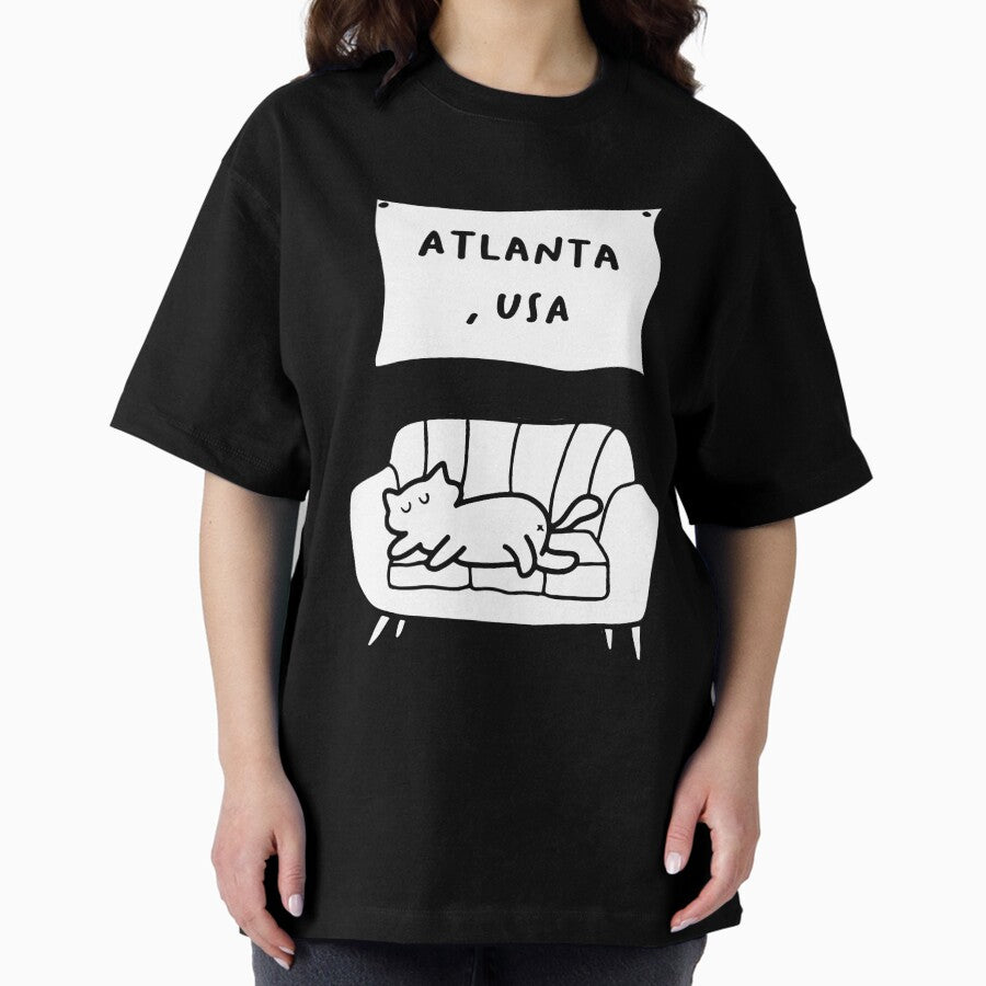Atlanta, USA | A Cute Cat Sleeping Peacefully on a Cozy Couch Illustration Oversized T-Shirt