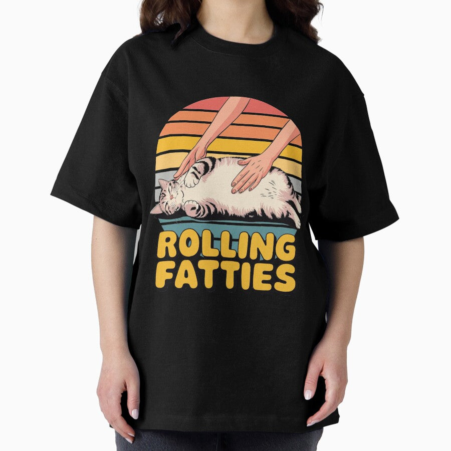 Rolling Fatties Funny Cat Lover Retro Sunset Oversized T-Shirt