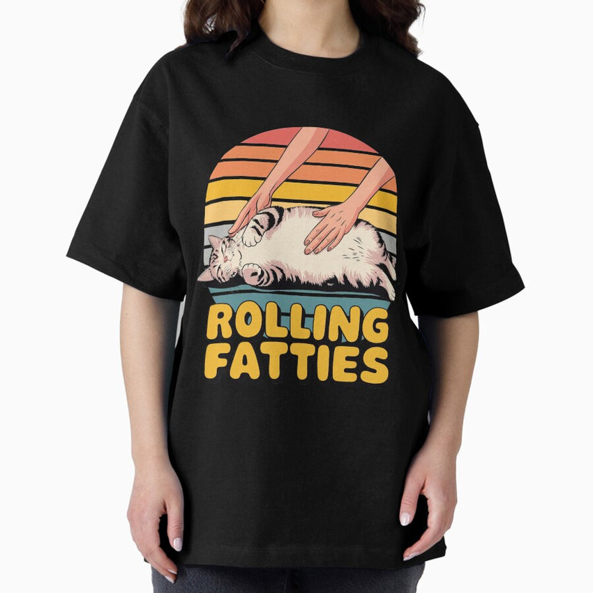 Rolling Fatties Funny Cat Lover Retro Sunset Oversized T-Shirt