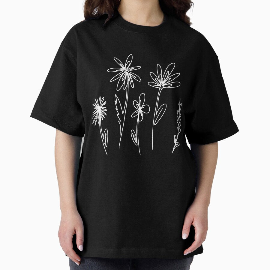White Line Flowers Green Background Oversized T Shirt