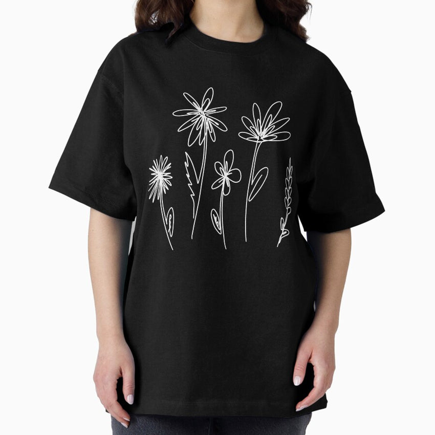 White Line Flowers Green Background Oversized T Shirt