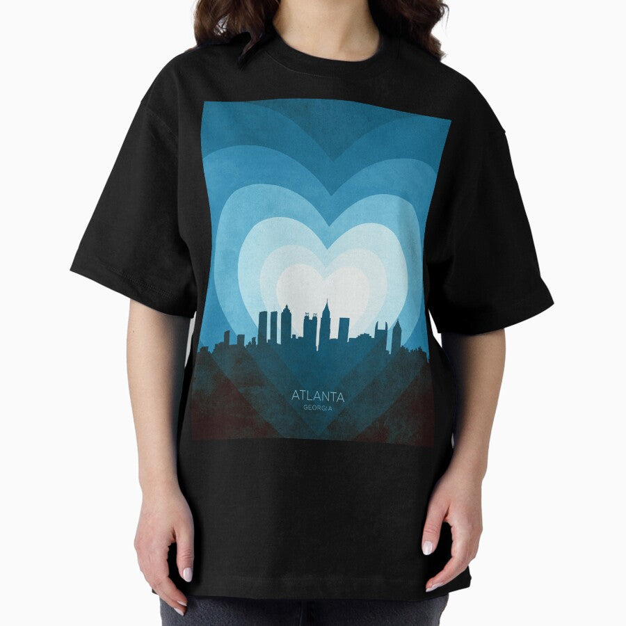 Atlanta Georgia Skyline Hearts Blue Oversized T Shirt