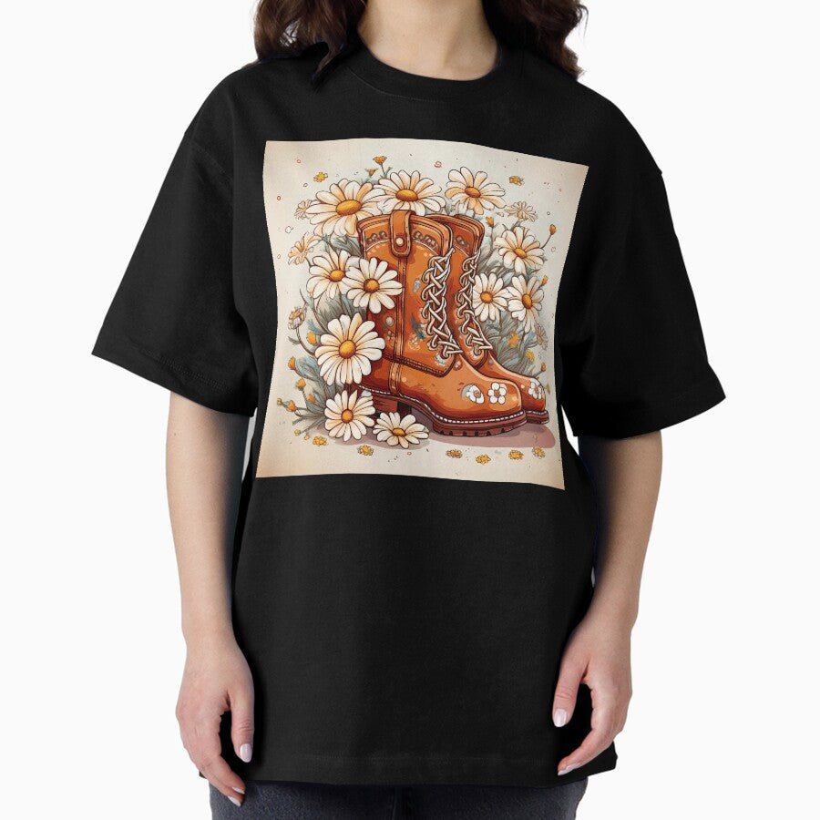 Girl rustic retro flower boots illustration design Oversized T-Shirt