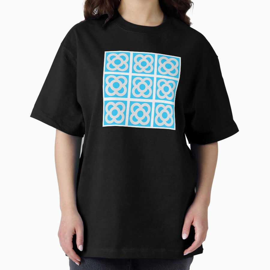 Flower Tiles - Minimalist Retro Style - Blue Oversized T-Shirt