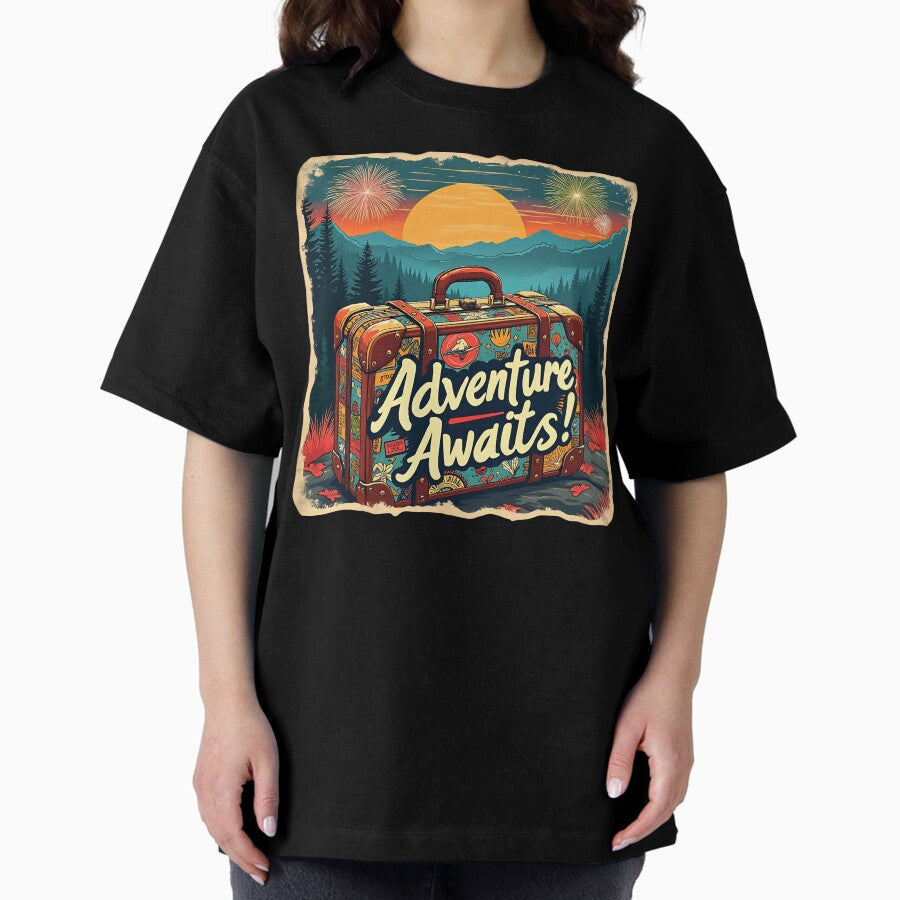 Adventure Awaits Retro Travel Suitcase Sticker Wanderlust Hiking Mountains Design Oversized T Shirt
