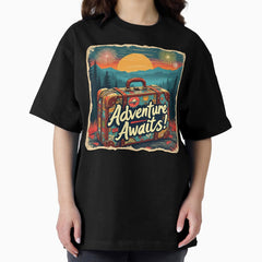 Adventure Awaits Retro Travel Suitcase Sticker Wanderlust Hiking Mountains Design Oversized T Shirt