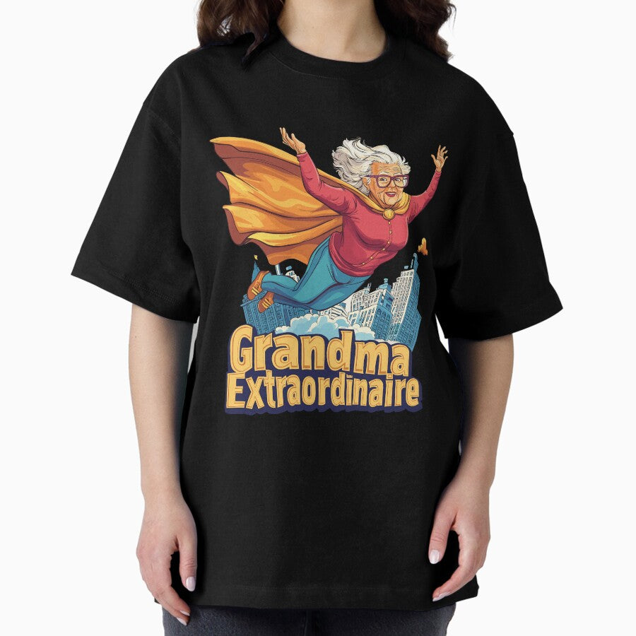 "Grandma Extraordinaire" Flying Superhero Illustration Oversized T-Shirt