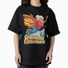 "Grandma Extraordinaire" Flying Superhero Illustration Oversized T-Shirt