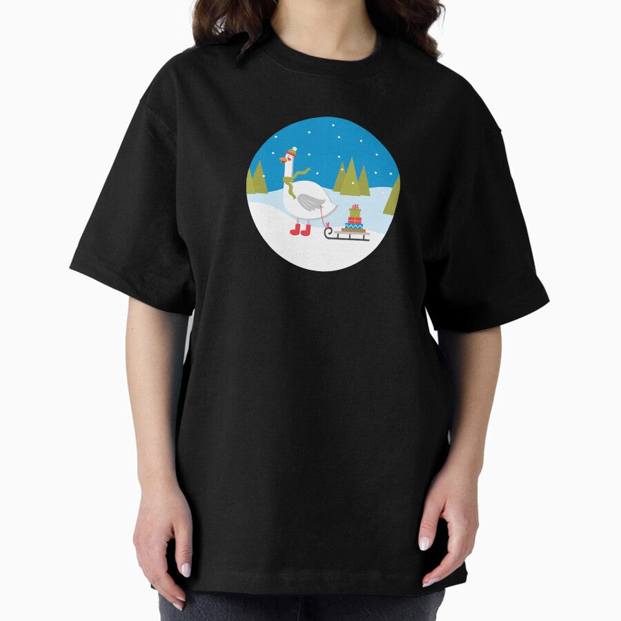 Cute Christmasgoose With Sleigh Oversized T Shirt